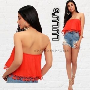 💥LULU’s💥NwoT In No Time Coral Red Strapless Lace Crop sm summer ready